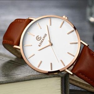 KEMANQI Simple Ultra-thin Waterproof Steel Mesh Belt Quartz Watch for Men(Ultra-thin Rose gold shell white dial coffee band)