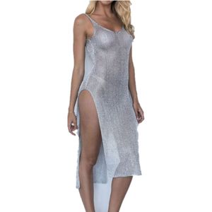 2 PCS Sexy Perspective Mesh Gauze Strap Dress Swimsuit Cover-up  Size:L(Silver)