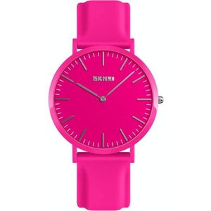 SKMEI 1979 Pure Color Bar Scale Round Dial Silicone Strap Couple Quartz Watch(Rose Red Female)
