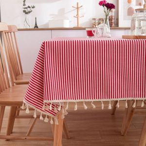 Tassel Lace Daisy Print Cotton Linen Tablecloth  Size:140x180cm(Red Stripes)