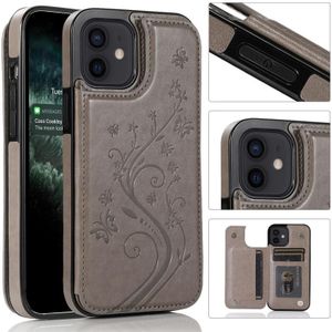 Butterflies Flowers Double Buckle PU + TPU Protective Case with Holder & Card Slots & Photo Frame For iPhone 12 mini(Grey)