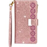 For Samsung Galaxy S10 5G Multi-card Slots Starry Sky Laser Carving Glitter Zipper Horizontal Flip Leather Case with Holder & Wallet & Lanyard(Rose Gold)