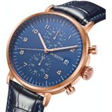 Ochstin 5076D multifunctioneel zakelijk lederen waterdicht lichtgevend quartz horloge (roségoud + blauw)
