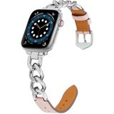 Voor Apple Watch Ultra 49 mm / serie 8 & 7 45 mm / SE 2 & 6 & SE & 5 & 4 44 mm / 3 & 2 & 1 42 mm ketting + lederen horlogeband (zilver + roze)