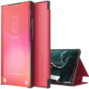 For Samsung Galaxy A12 Carbon Fiber Texture View Time Horizontal Flip Leather Case with Holder & Touch Call Display ID(Red)