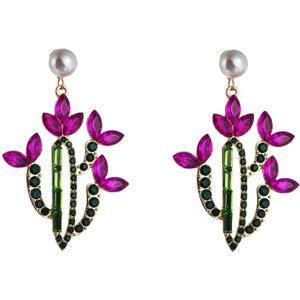 2 PCS Cactus Alloy Retro Earrings With Colored Rhinestones(Rose Red)