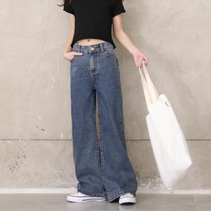 Girl Plus Velvet Loose Broad Leg Sagging Straight Pants Jeans (Color:Dark Blue Size:150cm)