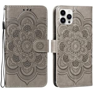 Voor iPhone 15 Pro Max Mandala Embossing Patroon Horizontale Flip Leren Telefoonhoesje (Grijs)