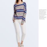 Women Knitwear Turtleneck Sweater  Size: L(Grey Blue Stripes)