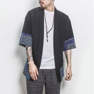 Retro Hanfu Seven-quarter Sleeve Cotton Linen Solid Stitching Youth Men Cardigan Coat  Size:L(Black)