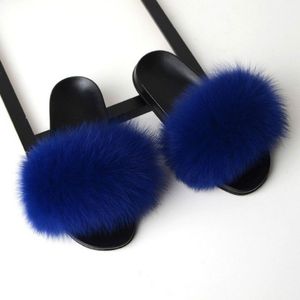 Fox Fur Slippers Flip-flops Non-slip Platte Bont Schoenen Sandalen voor dames  schoenmaat:42-43(26cm)(Blauw)