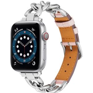 Voor Apple Watch Series 8&7 41mm / SE 2&6&SE&5&4 40mm / 3&2&1 38mm ketting + lederen horlogeband (zilver + roze)
