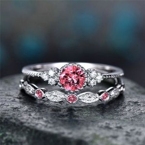 2 PCS/Set Women Fashion Zircon Gemstone Ring 10(Pink)