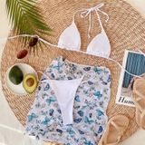 3 in 1 Lace-up Halter Backless Bikini Ladies Split Swimsuit Set with Butterfly Pattern Mesh Short Skirt (Color:White Size:M)