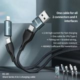 REMAX RC-011 1.2m 2.4A 4-in-1 USB to USB-C / Type-Cx2 + 8 Pin Fast Charging Data Cable(Silver)