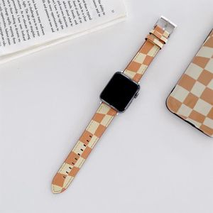 Checkerboard Lederen vervangende band horlogeband voor Apple Watch Series 7 & 6 & SE & 5 & 4 44mm / 3 & 2 & 1 42mm