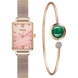 Gaiety G690 Intrekbare Magneet Gesp Dames Mesh Riem Kleine Vierkante wijzerplaat Bracelet horloge (Rose Gold Pink Dial + H138)