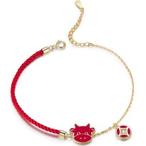 S925 Sterling Silver Red Rope Cute Cow Women Bracelet Jewelry