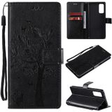 For Samsung Galaxy S20 FE 5G / S20 Lite Tree & Cat Pattern Pressed Printing Horizontal Flip PU Leather Case with Holder & Card Slots & Wallet & Lanyard(Black)