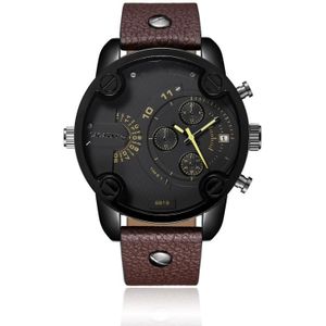 Cagarny 6819 Multifunctionele dubbele tijdzone kwarts Business Sport Watch voor mannen (Black Shell Black Surface Brown Leather)