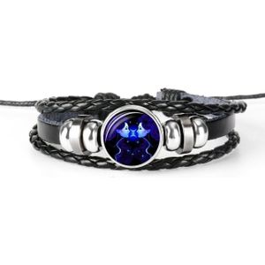 12 Constellation Black Braided Leather Glass Dome Punk Men Bracelet(Gemini)