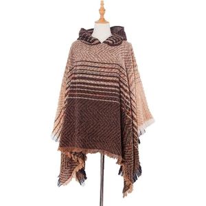 Spring Autumn Winter Checkered Pattern Hooded Cloak Shawl Scarf  Length (CM): 135cm(DP4-08 Brown)