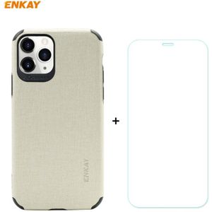 For iPhone 11 Pro Max ENKAY ENK-PC0332 2 in 1 Business Series Denim Texture PU Leather + TPU Soft Slim Case Cover ? 0.26mm 9H 2.5D Tempered Glass Film(Beige)