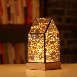 Fireworks Glass Lampshade Wooden Base 100 LEDs Night Light Birthday Christmas Gift  Spec: Touch Switch+Charging(Firefly House )