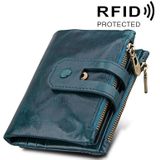 Genuine Cowhide Leather Crazy Horse Texture Zipper 3-folding Card Holder Wallet RFID Blocking Coin Purse Card Bag Protect Case for Men  Size: 12*9.5*3.5cm(Blue)