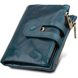Genuine Cowhide Leather Crazy Horse Texture Zipper 3-folding Card Holder Wallet RFID Blocking Coin Purse Card Bag Protect Case for Men  Size: 12*9.5*3.5cm(Blue)