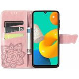 For Samsung Galaxy M32 Butterfly Love Flowers Embossed Horizontal Flip Leather Case with Holder & Card Slots & Wallet & Lanyard(Rose Gold)