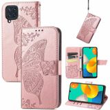 For Samsung Galaxy M32 Butterfly Love Flowers Embossed Horizontal Flip Leather Case with Holder & Card Slots & Wallet & Lanyard(Rose Gold)