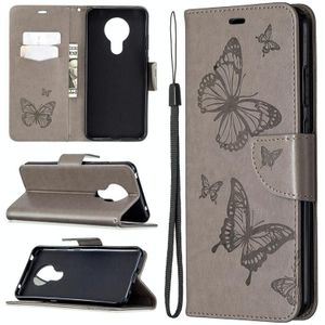 For Nokia 5.3 Two Butterflies Embossing Pattern Horizontal Flip Leather Case with Holder & Card Slot & Wallet & Lanyard(Grey)