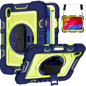 360 graden rotatie contrast kleur shockproof siliconen + pc case met houder & hand grip riem en schouderriem voor iPad mini 6 (marineblauw + geel groen)