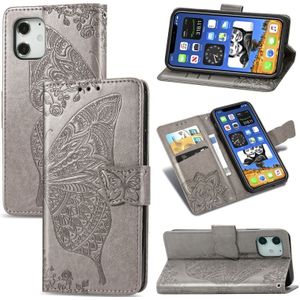 For iPhone 12 6.7 Inch Butterfly Love Flower Embossed Horizontal Flip Leather Case with Bracket / Card Slot / Wallet / Lanyard(Gray)