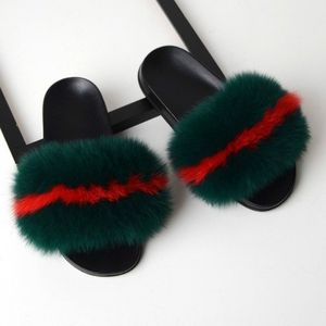 Fox Fur Slippers Flip-flops Non-slip Platte Bont Schoenen Sandalen voor dames  schoenmaat:42-43(26cm)(Groen Rood)