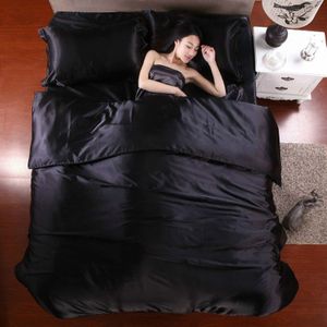 Pure Satin Silk Bedding Set Home Textile Bed Set Bedclothes Duvet Cover Sheet Pillowcases  Size:1.2m bed three-piece set(Black)