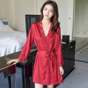 2 in 1 Ladies Lace Silk Sling Nightdress + Cardigan Nightgown Set (Color:Wine Red Size:Xxl)
