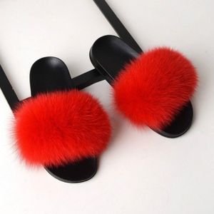 Fox Fur Slippers Flip-flops Non-slip Flat Fur Shoes Sandals for Women  Shoe Size:42-43(26cm)(Red)