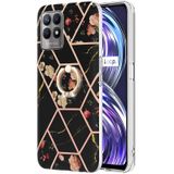 Voor oppo realme 8i splitsen marmeren bloempatroon tpu ringhouder (zwarte bloem)