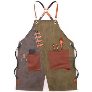 Denim Schort Barber Milk Tea Shop Ober Overalls (Grijs-groene Haak Band)