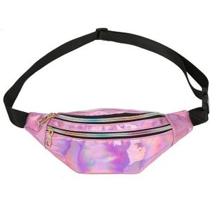 Women Punk Laser Glossy PU Double Zipper Chest Bag Casual Waist Bag(Pink )