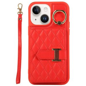 Voor iPhone 14 Horizontal Card Bag Ring Holder Phone Case met Dual Lanyard (Rood)