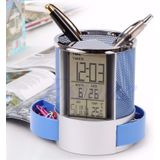 Desk Mesh Pen Pencil Holder Perpetual Calendar Office Supplies Multifunctional Digital LED Pens Storage Box(Blue)