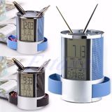 Desk Mesh Pen Pencil Holder Perpetual Calendar Office Supplies Multifunctional Digital LED Pens Storage Box(Blue)