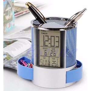 Desk Mesh Pen Pencil Holder Perpetual Calendar Office Supplies Multifunctional Digital LED Pens Storage Box(Blue)