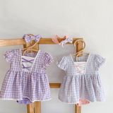 Girls Small Plaid Lace One-piece Romper And Skirt Romper (Color:Pink Blue Size:66)