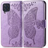 For Samsung Galaxy M32 Butterfly Love Flowers Embossed Horizontal Flip Leather Case with Holder & Card Slots & Wallet & Lanyard(Light Purple)