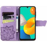 For Samsung Galaxy M32 Butterfly Love Flowers Embossed Horizontal Flip Leather Case with Holder & Card Slots & Wallet & Lanyard(Light Purple)