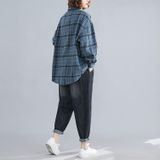 Long-sleeved Plaid Shirt Women Autumn And Winter Loose Retro All-match Shirt Jacket (Color:Blue Size:Free Size)